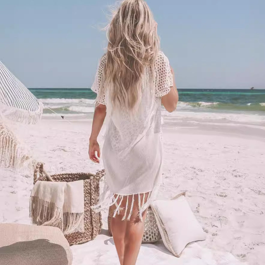 Pareos de punto con borlas de colores sólidos para vacaciones informales a la moda para mujer