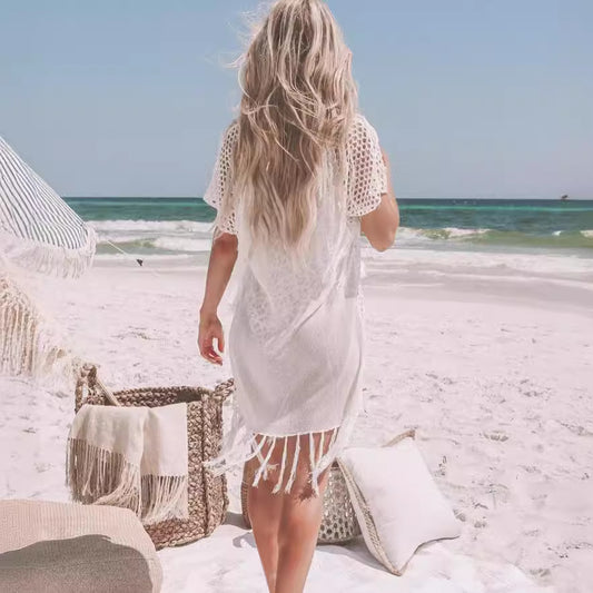 Women Fashion Casual Vacation Solid Color Tassels Knitted Cover-Ups