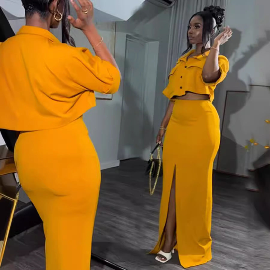 Conjunto de dos piezas formado por camisa y falda con abertura y manga corta, informal, de verano, para mujer