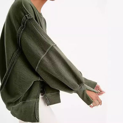 Women Fashion Casual Solid Color Round Neck Split Sweatshirt