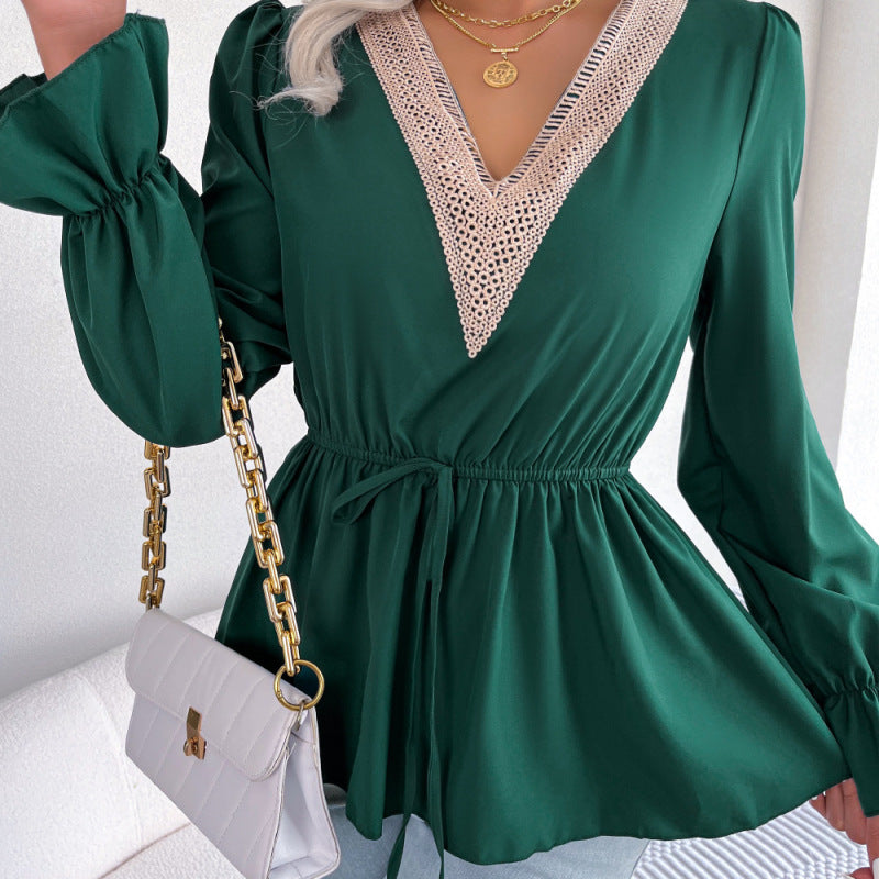 Blusa de gasa con volantes y cintura definida con cuello en V y cordones para oficina informal para mujer