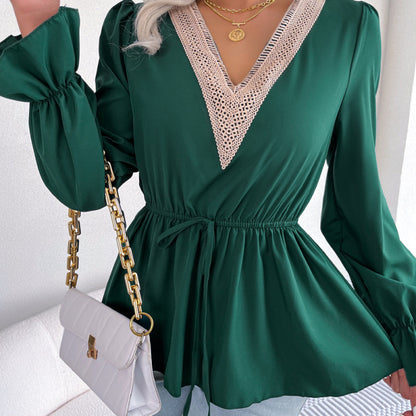 Blusa de gasa con volantes y cintura definida con cuello en V y cordones para oficina informal para mujer