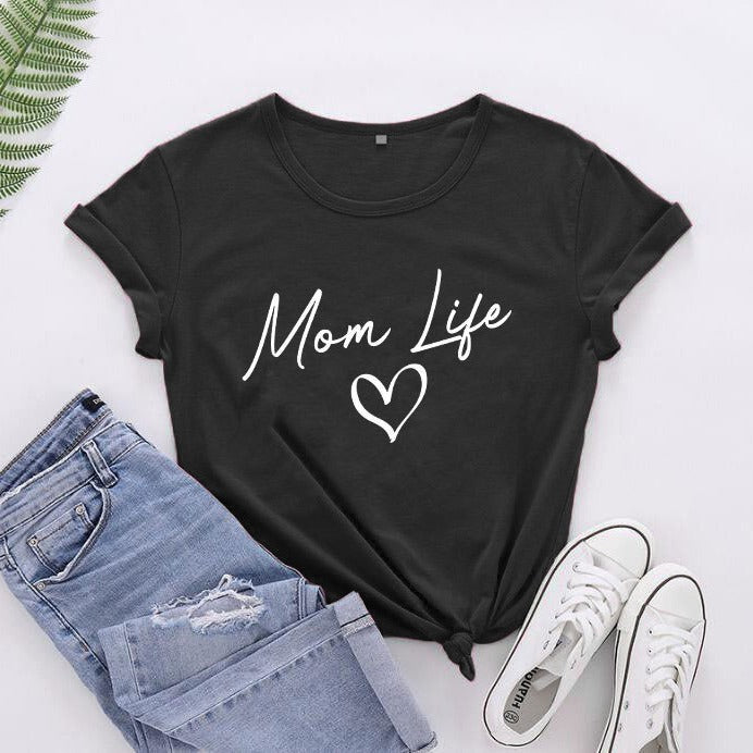 Camiseta informal de manga corta para mujer con texto "Mamá, vida de madre, feliz día de la madre"