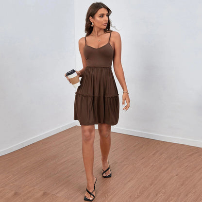 Women Basic Sleeveless Solid Color Sexy Casual V-Neck Dress Cake