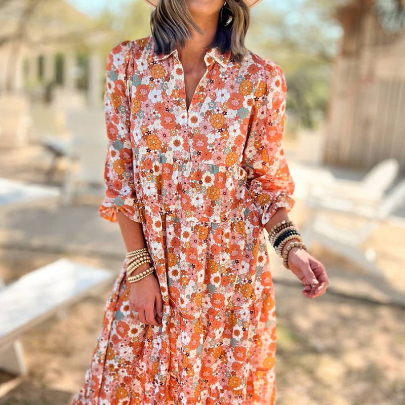 Vacation Women Boho Floral Print Casual Midi Long Sleeve Dress