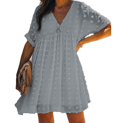 Women Solid Color V-Neck Chiffon Sweet Polka Dot Loose Casual Short Sleeve Dress