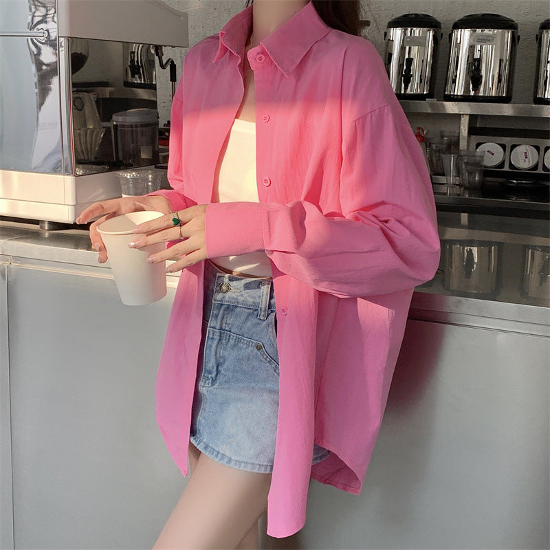 Women Basic Casual Long-Sleeved Shirt Loose Mid-Length Office Blouse