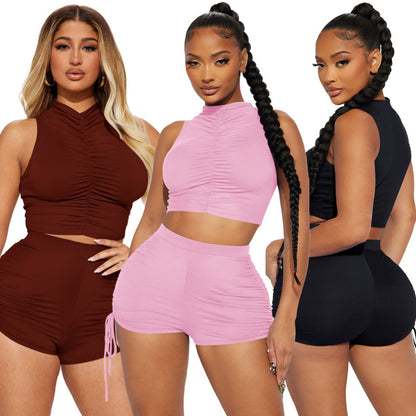Women Athleisure Fashion Casual Solid Color Crop Top Drawstring Shorts Two-Piece Sports Set