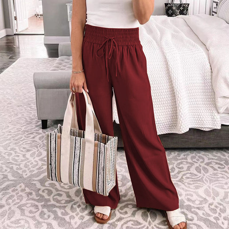 Women Casual Solid Color Loose Mid-Waist Drawstring Wide-Leg Pants
