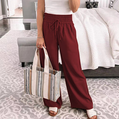 Women Casual Solid Color Loose Mid-Waist Drawstring Wide-Leg Pants