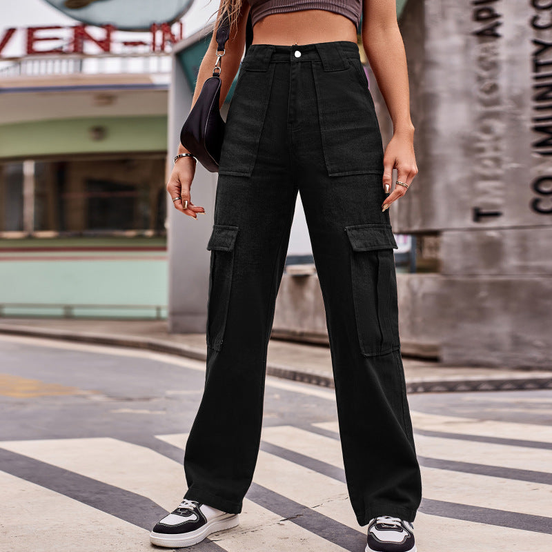 Fashion Women Street Style Multi Pocket Overalls Loose Casual Straight Jeans Cargo Pants