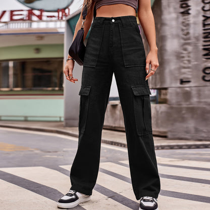 Fashion Women Street Style Multi Pocket Overalls Loose Casual Straight Jeans Cargo Pants