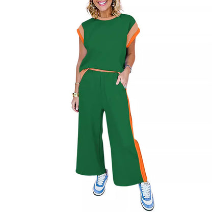 Conjunto de dos piezas de camiseta y pantalones holgados de manga corta con cuello redondo y bloques de color para mujer
