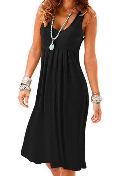 Women Casual Solid Color Loose Pleated Sleeveless Dress