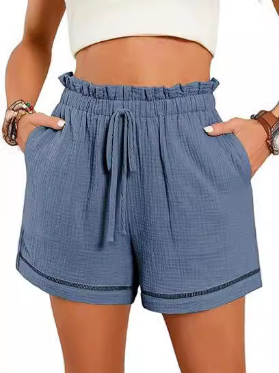 Women Fashion Casual Solid Color High Waist Lace-Up Wide-Leg Shorts