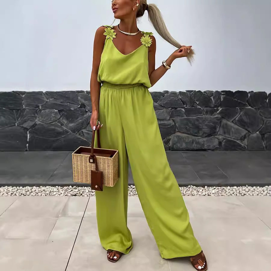 Women Fashion Casual Loose Solid Color V-Neck Strap Sleeveless Pocket Jumpsuits