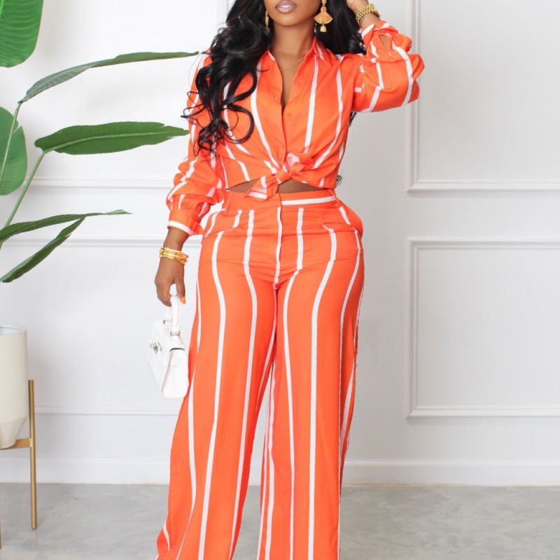 Women Stripe Print Long Sleeve Shirt Blouse Top And Wide Leg Pants Casual Two-Piece Set
