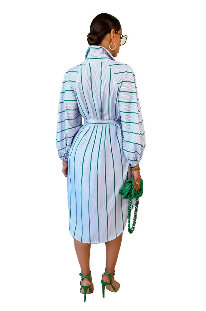 Fashion Women Stripe Print Casual Long Sleeve Lapel Shirt Dress