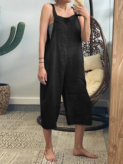 Women Summer Solid Color Cotton Overalls Loose Casual Jumpsuits