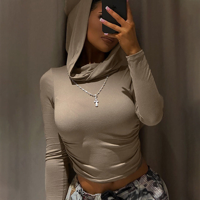 Women Fashion Casual Solid Color Hooded Long Sleeve Crop Top