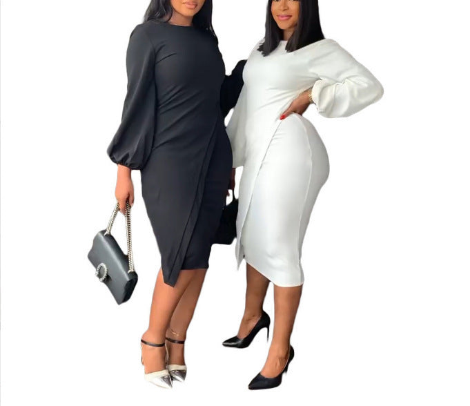 Women Fashion Solid Color Casual Lantern Long Sleeve Dress