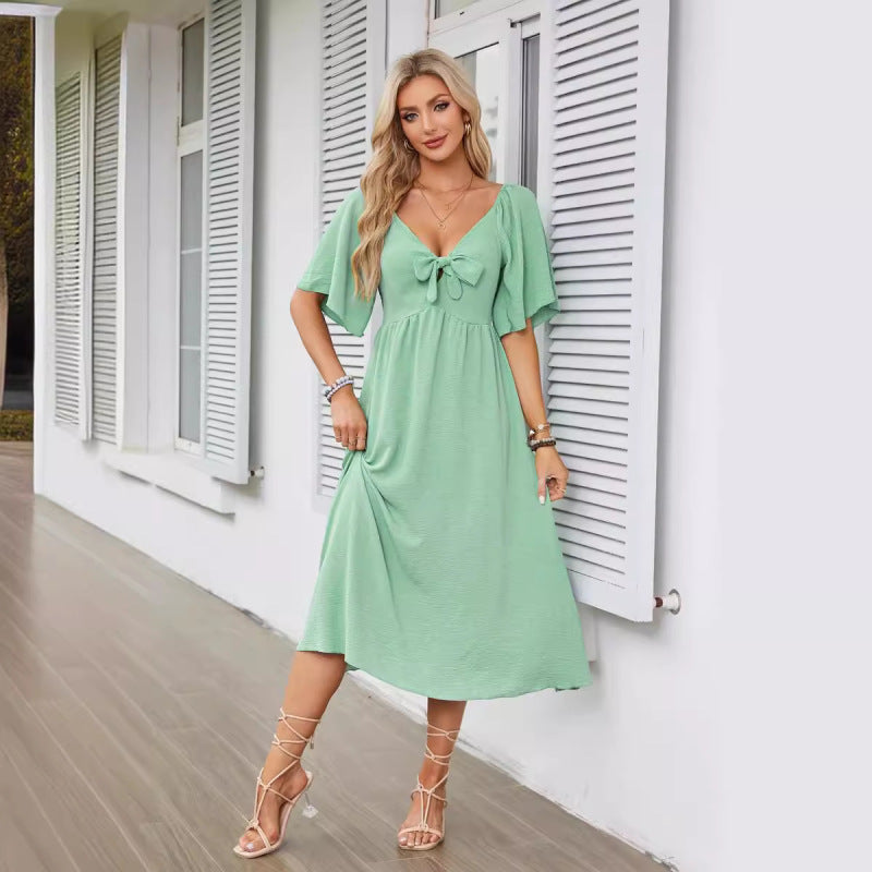Vestido informal de manga corta con lazo y escote en V para mujer
