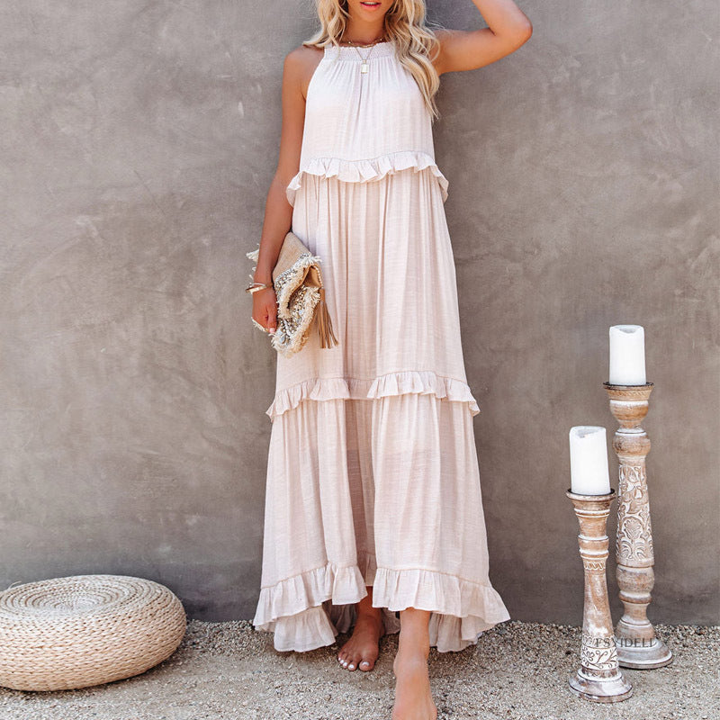 Summer Women Casual Solid Color Sleeveless Ruffled Holiday Tiered Dress
