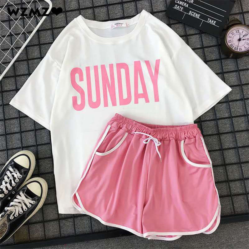 Women Casual Fashion Letter Print Short Sleeves T-shirt And Drawstring Shorts Two Piece Set