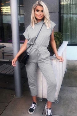 Conjunto de top y pantalón de manga corta con cuello redondo y color liso informal para mujer
