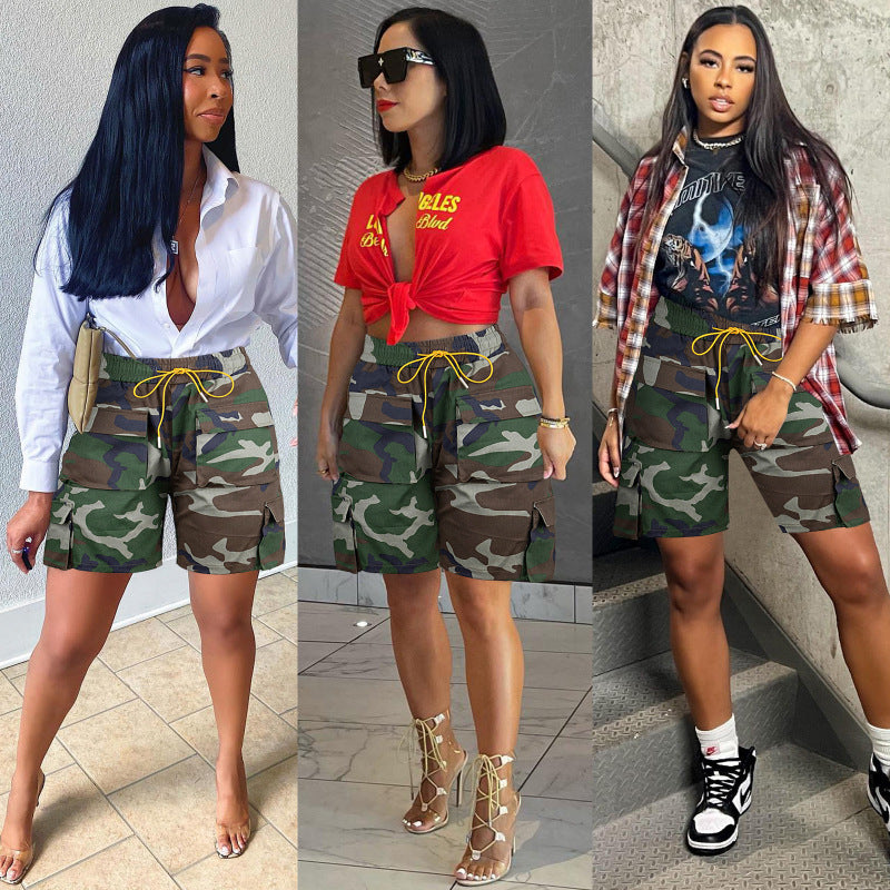 Pantalones cortos casuales de camuflaje con bolsillos y cordones para mujer