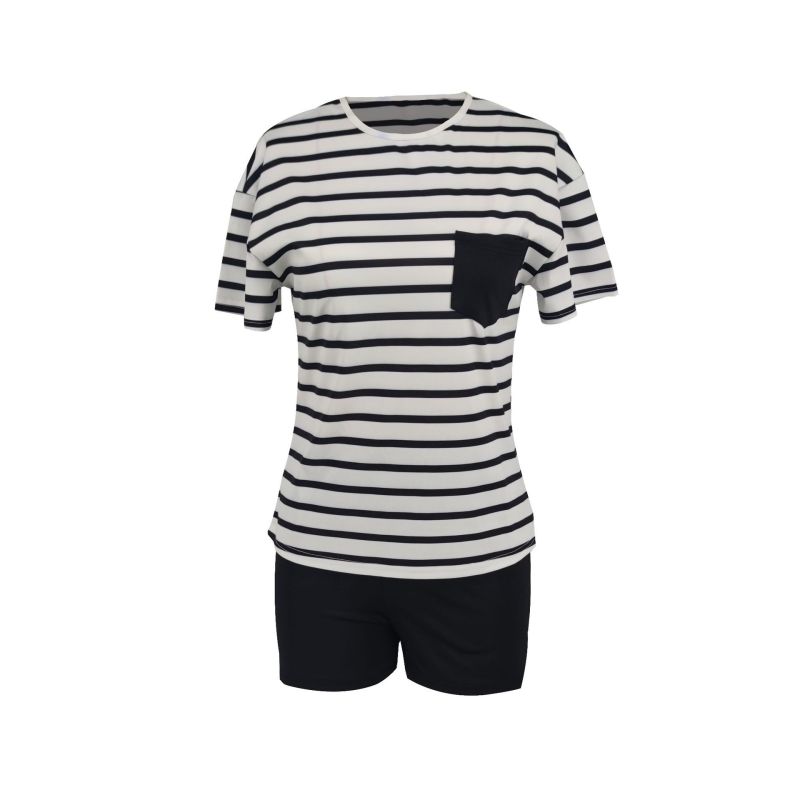 Conjunto de 2 piezas de camiseta de manga corta con cuello redondo y rayas informales para mujer