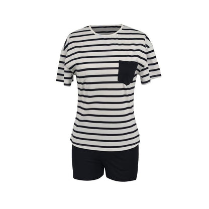 Conjunto de 2 piezas de camiseta de manga corta con cuello redondo y rayas informales para mujer