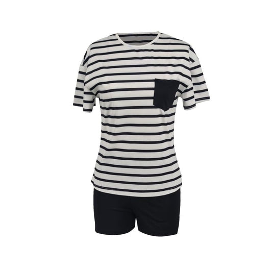 Conjunto de 2 piezas de camiseta de manga corta con cuello redondo y rayas informales para mujer