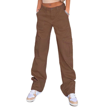 Women Fashion Casual Solid Color High-Waist Multi-Pocket Slim-Fit Pants