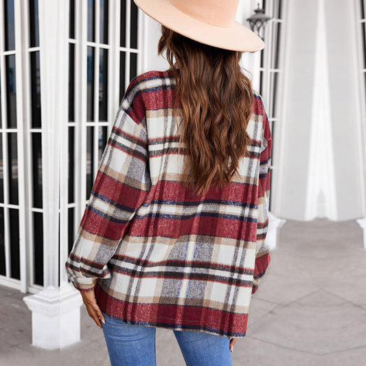 Abrigo informal con solapa y estampado a cuadros para mujer, otoño e invierno