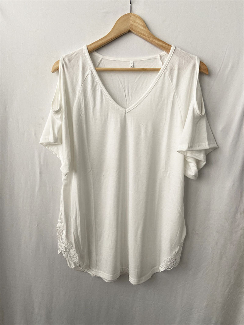 Camiseta informal holgada de manga corta con cuello en V para mujer