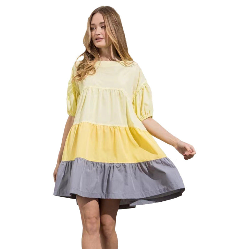 Women Fashion Casual Color Blocking Ruffled Short Sleeves Patchwork Dress