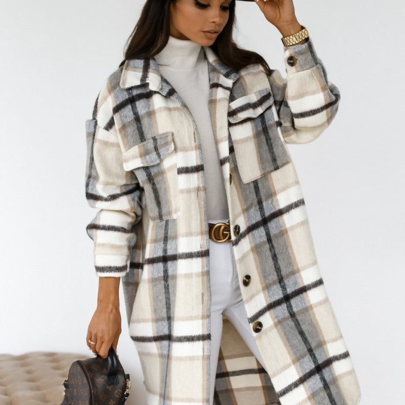 Abrigo de invierno para mujer, de manga larga, con solapa abotonada, informal, cálido, a cuadros