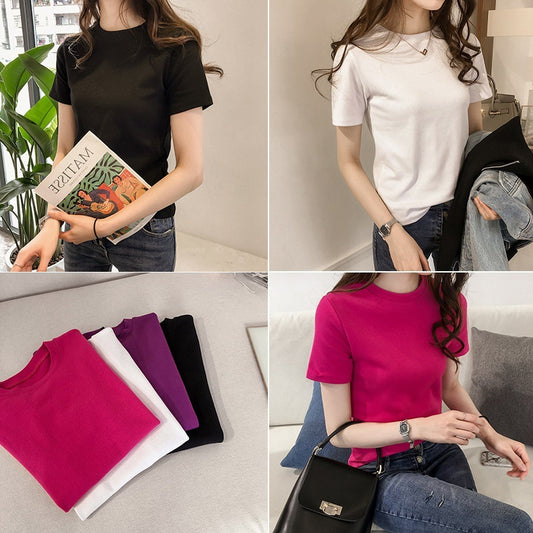 Camiseta básica informal de manga corta con cuello redondo y color liso para mujer