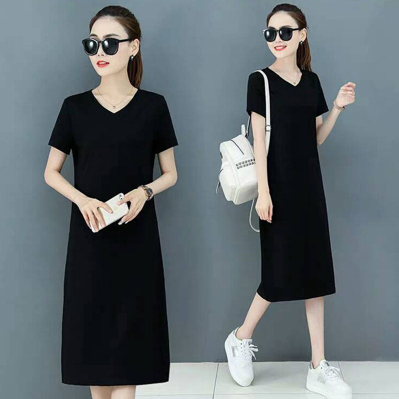 Women Fashion Casual Solid Color V Neck Short Sleeve Dress