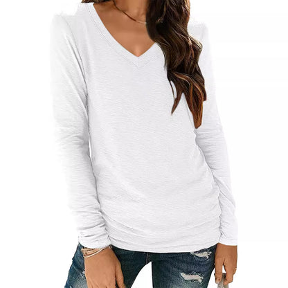 Camiseta informal de manga larga con cuello en V y color liso para mujer