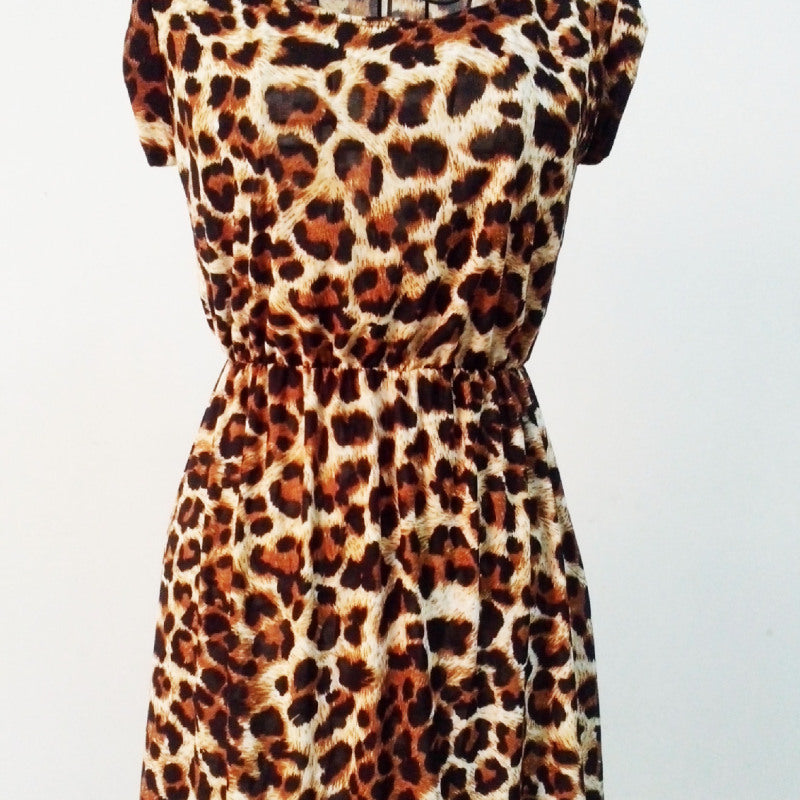 Vestido sexy de discoteca con estampado de leopardo y pata de gallo para mujer, informal, de manga corta y cuello redondo