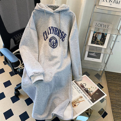 Autumn And Winter Women Loose Casual Thickened Letter Printed Long-Sleeved Hooded Sweat Dress