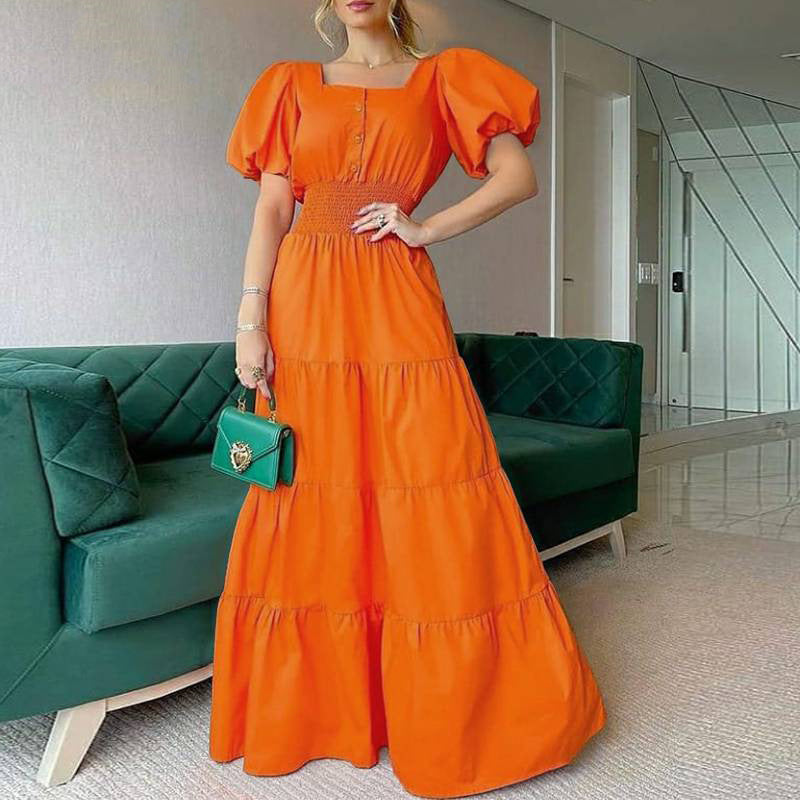 Summer Women Elegant Sweet Square Neck Short Puff Sleeves Casual Beach Dress
