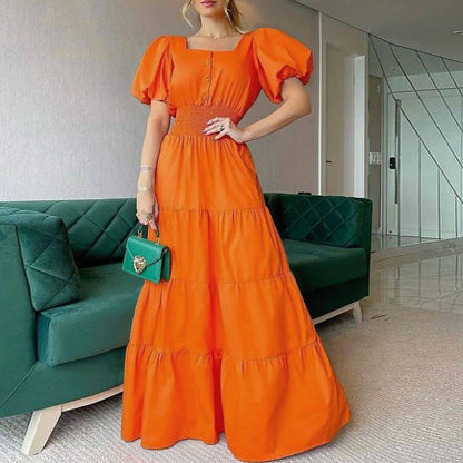 Summer Women Elegant Sweet Square Neck Short Puff Sleeves Casual Beach Dress