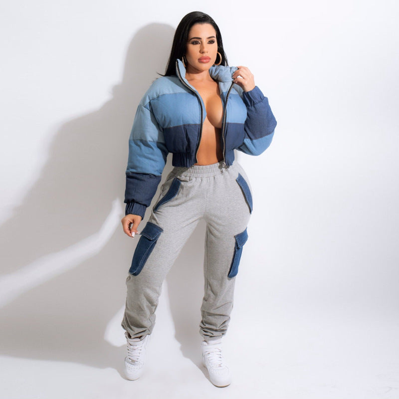 Women Fashion Casual Imitation Denim Large Pocket High Waist Cargo Pants