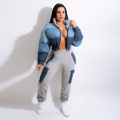 Women Fashion Casual Imitation Denim Large Pocket High Waist Cargo Pants