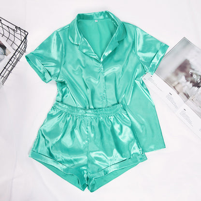 Conjunto de pijama holgado informal de seda con manga corta y pantalones cortos para mujer