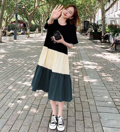 Women'S Fashion Casual Color Blocking Stitching Short Sleeve Loose Dress