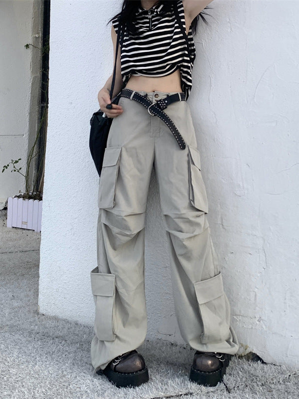 Pantalones cargo anchos, rectos, holgados e informales de color liso para mujer
